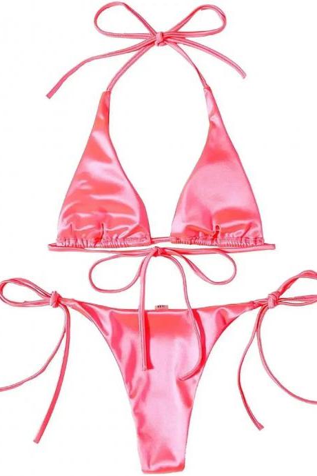 Womens Satin Pink Tie-back Triangle Bikini Set