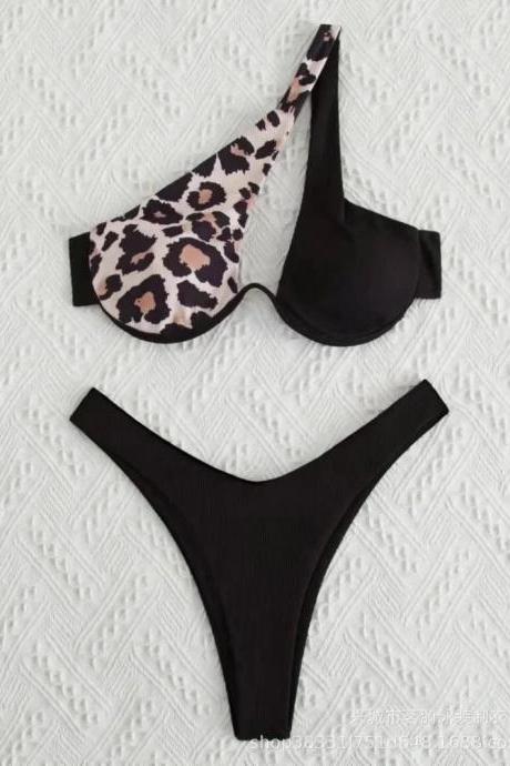 Womens Leopard Print And Solid Black Bikini Set