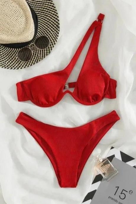 Classic Red Textured Bikini Set With Adjustable Straps