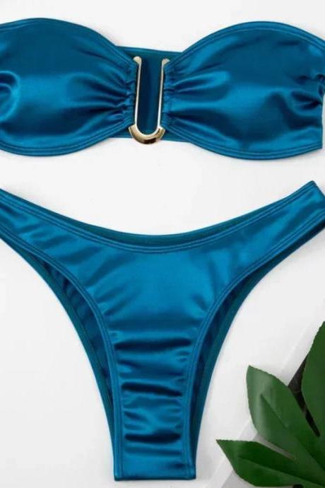 Womens Teal Bandeau Bikini Set With Gold Detail