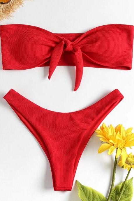 Womens Red Bandeau Bikini Top With Matching Bottoms