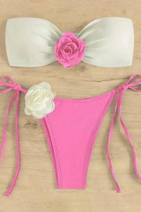 Womens Floral Accented Bandeau Top And Thong Set
