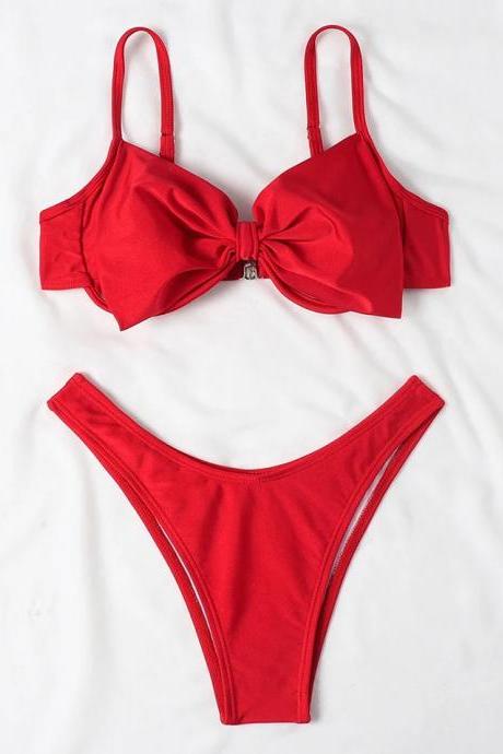Elegant Red Two-piece Swimsuit With Bow Detail