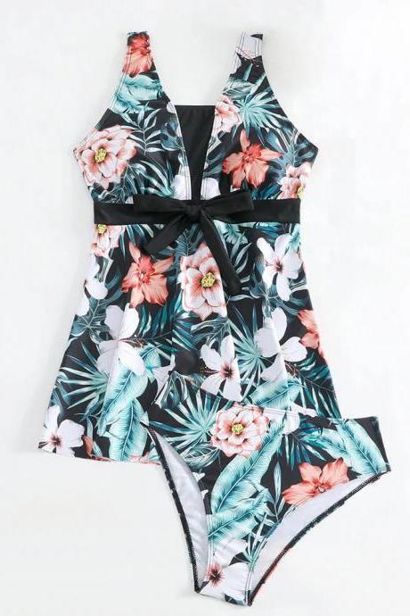 Tropical Floral Print One-piece Womens Swimsuit With Bow