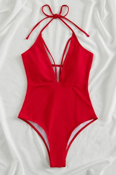 Womens Halter Neck One-piece Red Swimsuit Monokini