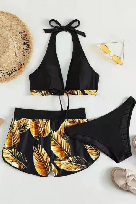 Womens Halter Neck Tropical Print High-waisted Bikini Set