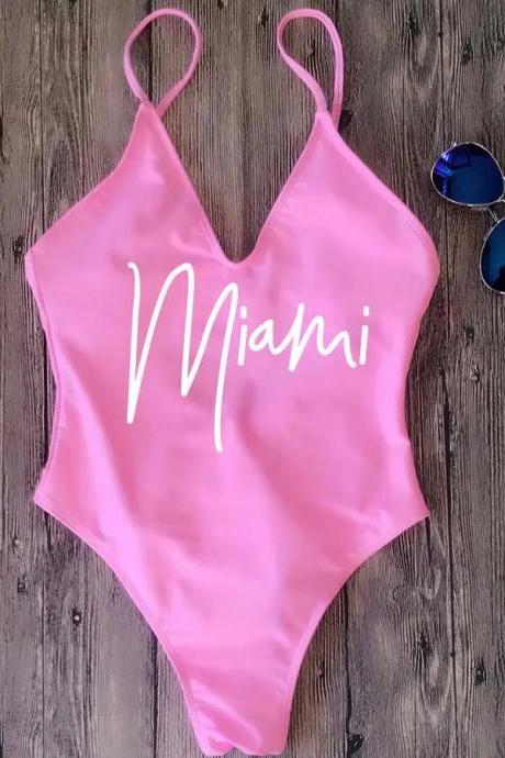 Womens Miami Script Pink One-piece Swimsuit With Sunglasses