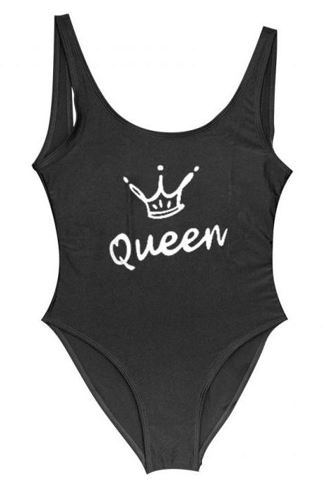 Womens Queen Crown Graphic Black One-piece Swimsuit