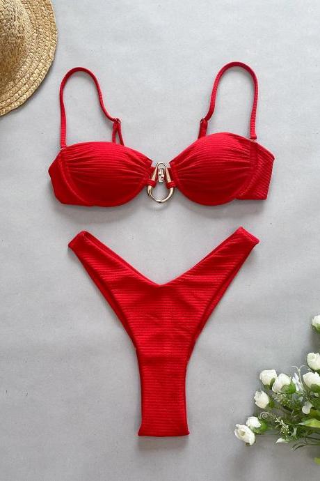 Womens Red Ruched Bikini Set With Metal Ring Detail
