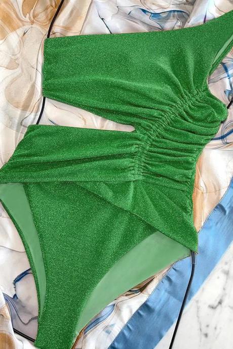 Womens One-shoulder Cut-out Sparkly Green Swimsuit