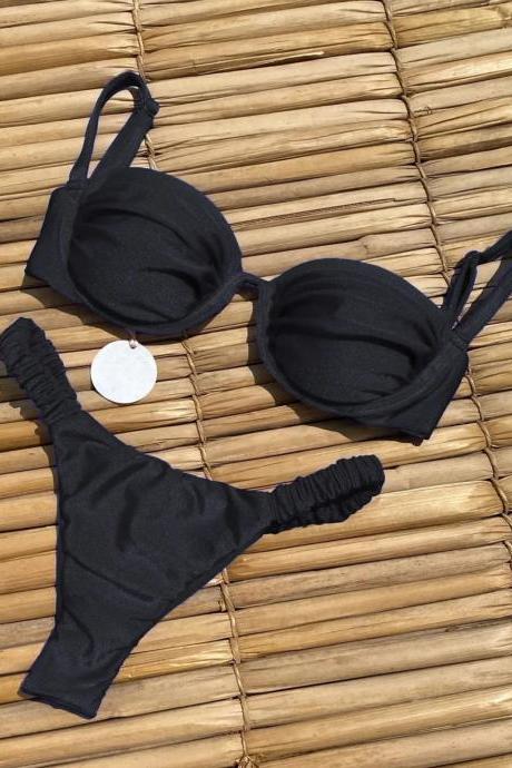 Womens Black Bikini Set Ruched Bottoms Padded Cups Swimwear