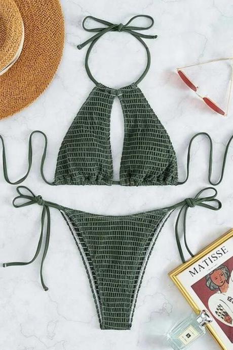 Womens Textured Halter Neck Bikini Set In Olive