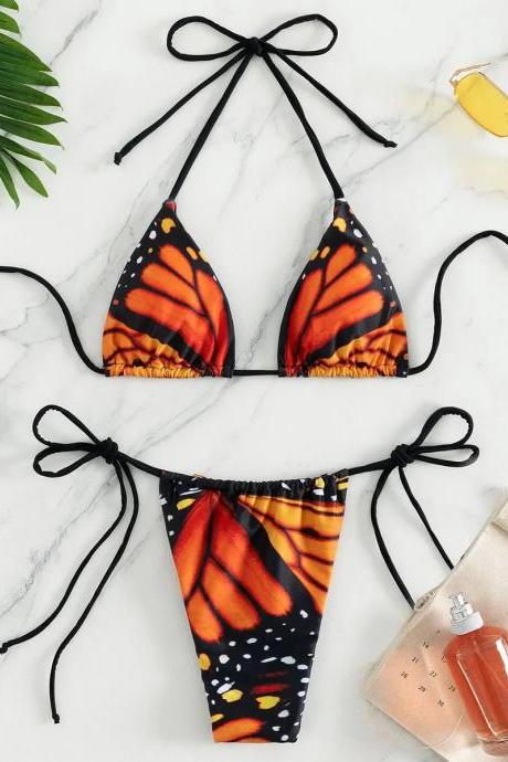 Womens Butterfly Print Triangle Bikini Swimwear Set