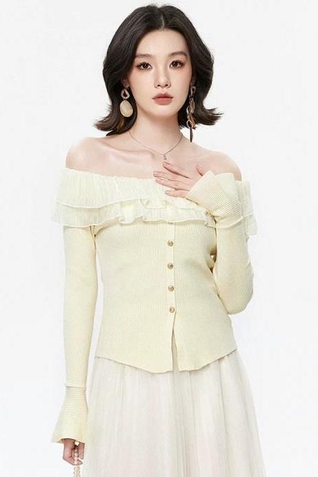Off-shoulder Ribbed Sweater Dress With Flared Skirt on Luulla