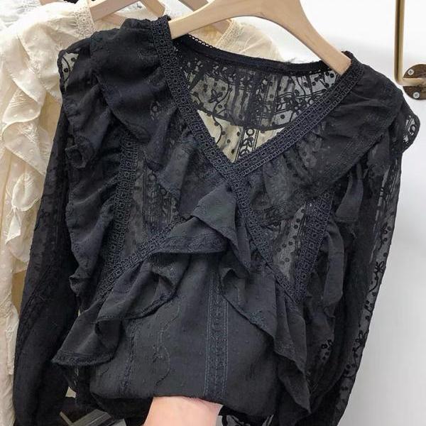 Women S Casual Lace Pom Pom V Neck Chiffon Short Sleeve Top
