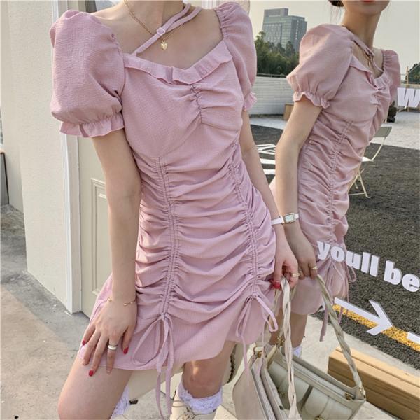 Square Neck, Diagonal Belt Draw Ruffled Dress on Luulla