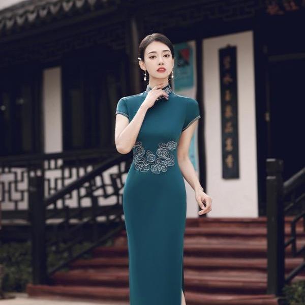 slim fit dress slacks Hanfu】Emerald Elegance Bloom | Cheongsam/Qipao