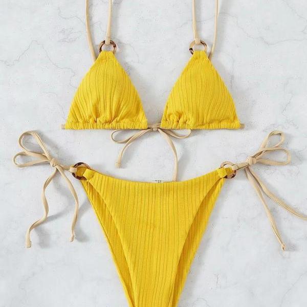 Two piece bikini, sexy solid color lace-up swimsuit