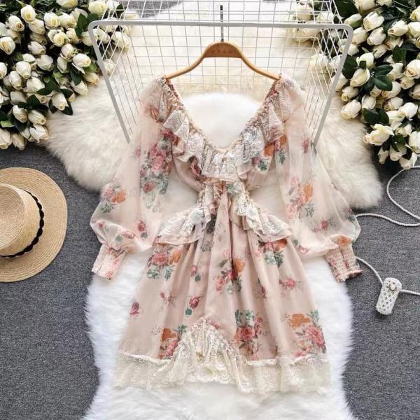  Floral dress, flounces v-neck thin dress, lantern sleeve waist dress, summer short lace dress