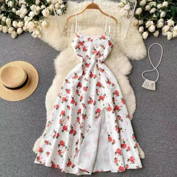 Sweet floral halter dress, summer, super fairy, waist slit MIDI holiday dress
