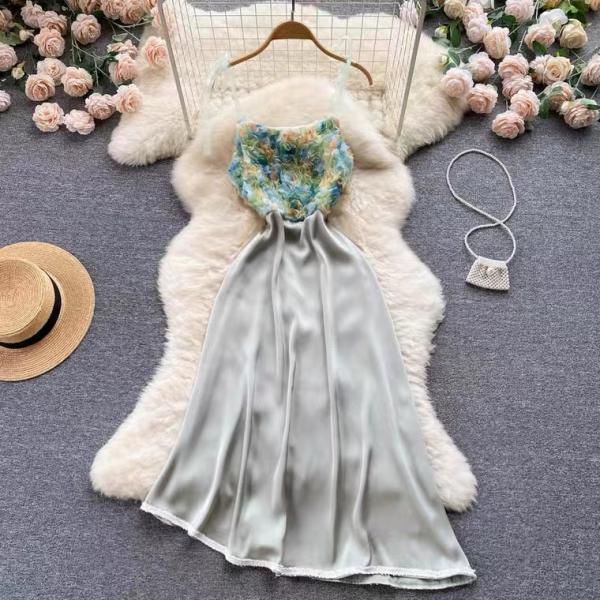 Spaghetti strap floral dress, summer, fairy temperament waist big swing long dress