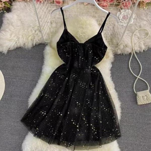 Off Shoulder Black Little Dress, Mesh Panel Spaghetti Strap Dress, Sequin A-Line Dress