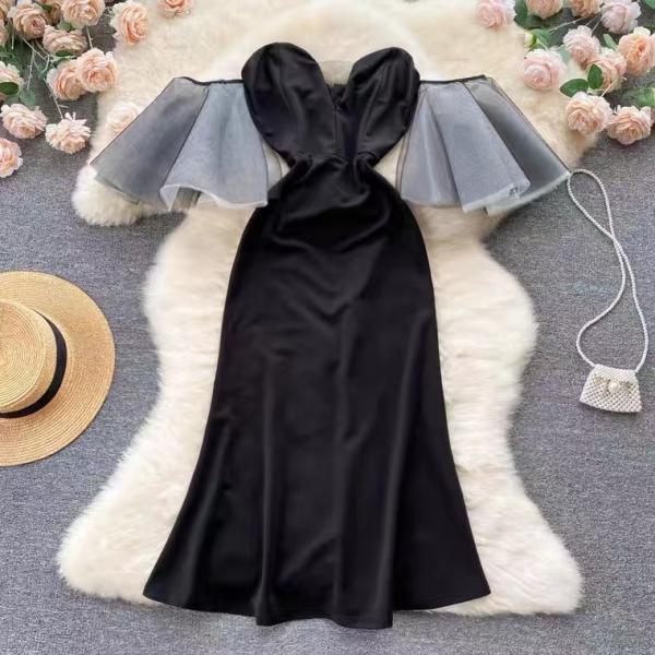 Black strapless dress, advanced sense, elegant, off shoulder evening dress, high waist, slimming, temperament, bodycon mermaid dress