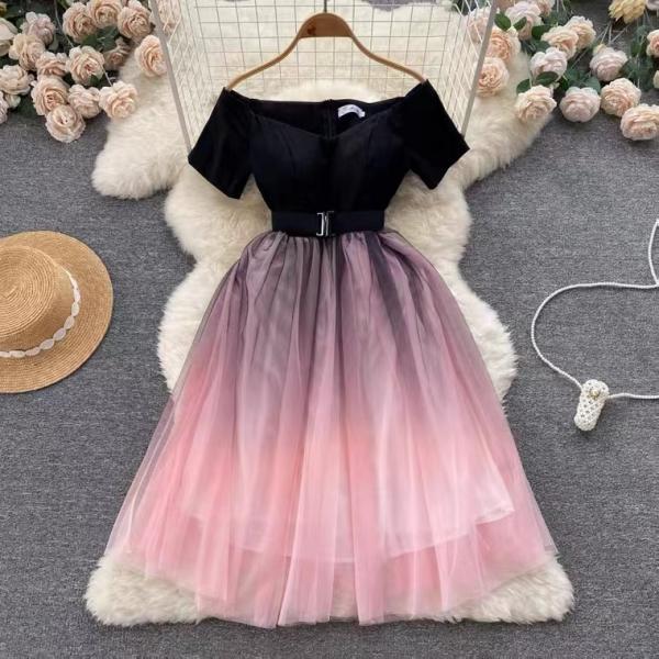 High sense, color contrast, off shoulder dress, ,gradient dress,mesh waist princess dress