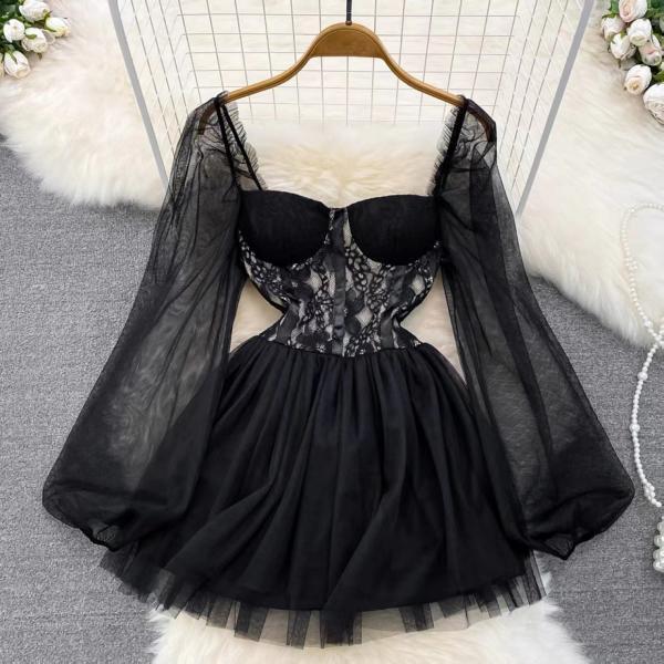 long sleeve tulle dress,black dress,sexy party dress