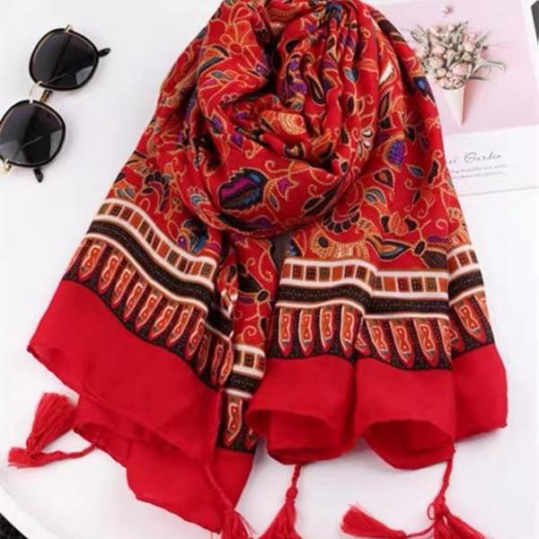 National style, red, cotton and hemp shawl, oversized long sunscreen scarf, travel photo scarf