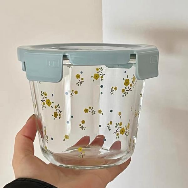 Korean Style Round Preservation Bowls Floral Print Borosilicate Glass Heat-Resistance Tableware Portable Home Cute Bento Box