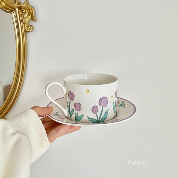 Retro Purple Tulip Coffee Cup With Saucer French Exquisite Handmade Ceramic Mug Set Afternoon Tea Set Cups