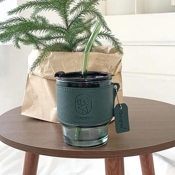 350ml Green Glass Mug With Lid And Straw Heat-Resistant Coffee Cup With Leather Reusable Office Tea Mug Juice Milk Water Cup