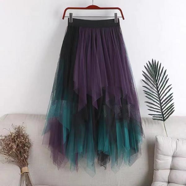 New, medium - length irregular skirt, colorful gauze stitching half skirt 