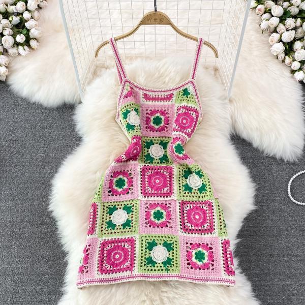 Holiday beach spaghetti strap dress, stylish, backless, sleeveless, color hollowed out crochet dress
