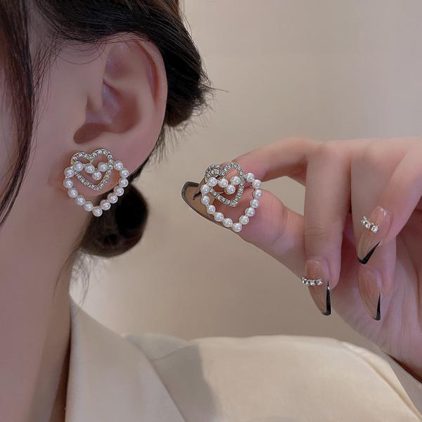 Sweet Rhinestone Pearl Double Heart Stud Earrings for Women