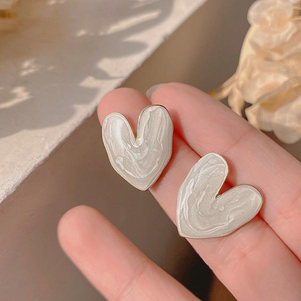 Silver Needle French LOVE Stud Earrings Sweet White Oil Drips Geometric Heart Earring 