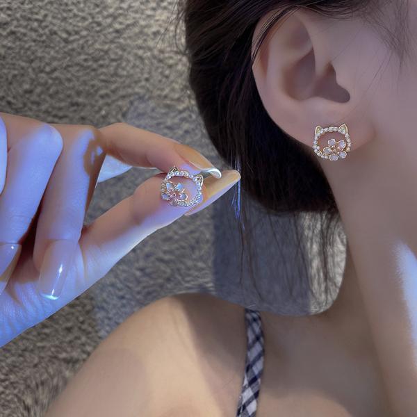 Korean Earrings Fashion Jewelry Cat Flower Imitation Pearl Temperament Stud Earrings