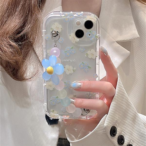 Korean Cute Transparent Blue Flower Wrist Chain Bracelet Soft Phone Case