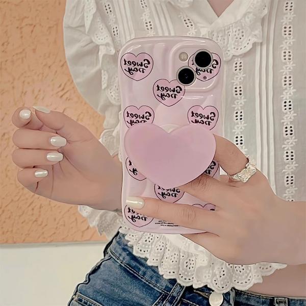 Cute Korean Pink Love Heart Bracket Holder Line Phone Case For iPhone 14 13 12 11 Pro Max