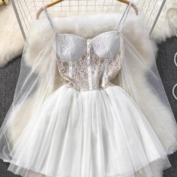 Cute dress,spaghetti strap dress,white dress,long sleeve tulle dress