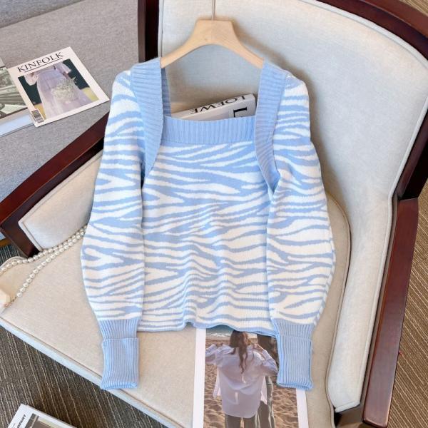 Autumn Casual Striped Knitted Sweater Women Long Sleeve Square Collar Tops Pullovers Vintage Fashion Korean Basic Knitwear