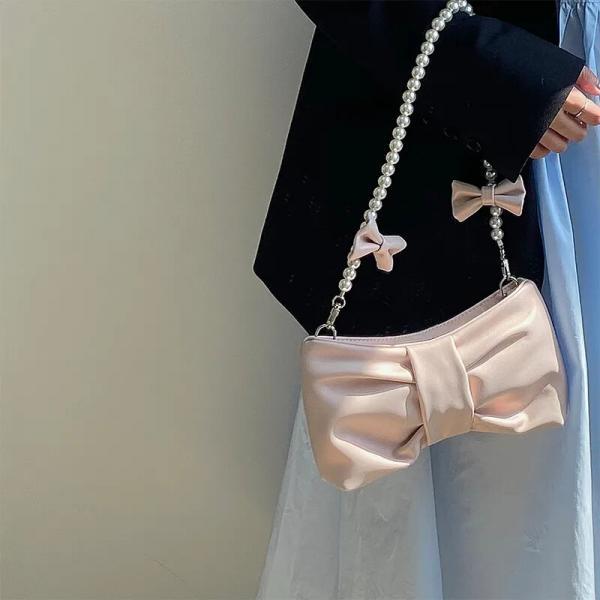 Y2K Korean Women Kawaii Pearl Pink Bow Mini Hand Bag Vintage Aesthetic Elegant Clutch Purses Handbag Shoulder Underarm Tote Bags