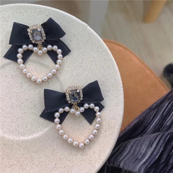 Women French Style Vintage Bow Ribbon Rhinestone Earrings Pearl Heart Sweet Korean Fashion Drop Earring Jewelry Brincos