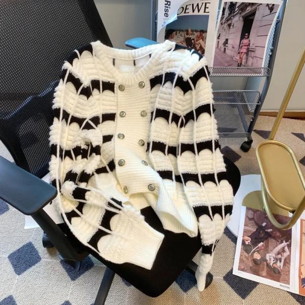 Striped Knitted Cardigan Sweater Korean Style New Women's Autumn Puff Sleeves Chic Tassels Double Breasted Warm Top