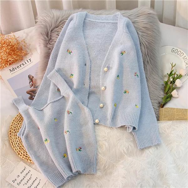Japanese Sweet Flower Embroidery Cardigans and Tank Top 2 Pcs Sets Korean Cute Long Sleeve Knit Cardigan Vintage Elegant Sweater