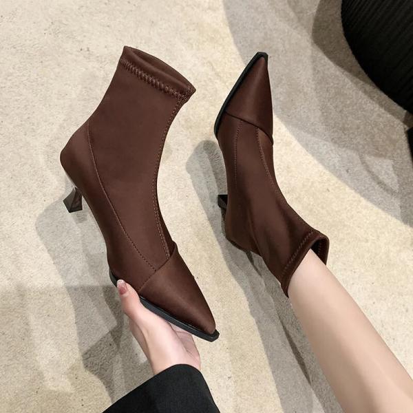 New Satin Pointed Toe Short Boots Women Thin Heel Stretch Sock Boots Elegant Ladies Fashion High Heels Pumps Female Ankle Boots