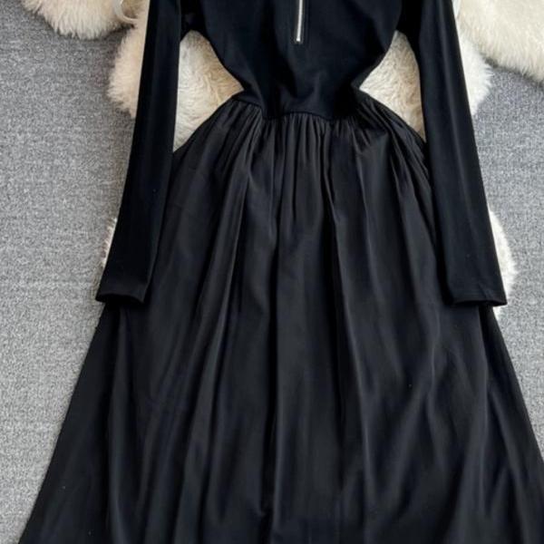 Long sleeves black dress, half high neck zip-up waist dress, A-line swing dress elegant long dress