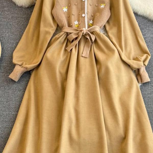 Long sleeve chic dress, round neck embroidery knitted dress, round neck waist mid-length dress, A-line corduroy dress