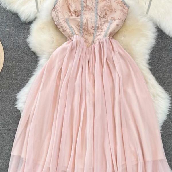 Sweet spagheti strap dress, gentle dress, temperament long dress, a line swing dress,pink cute dress